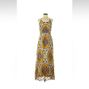 Anthropologie Halter Neck Gold Thread Medallion Chiffon Maxi Dress: XS